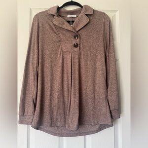 NWT- Casual Brown Long-Sleeve Polo Top with Button Placket